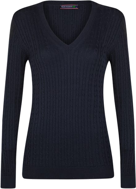Felix Hardy Kabelgebreide Trui Met V-Hals - 100% Katoen Dames Navy - M