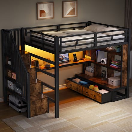 Stapelbed - 140 x 200 cm - Metaal Bedframe - Bureau en Planken - Opslagladder - Zwart