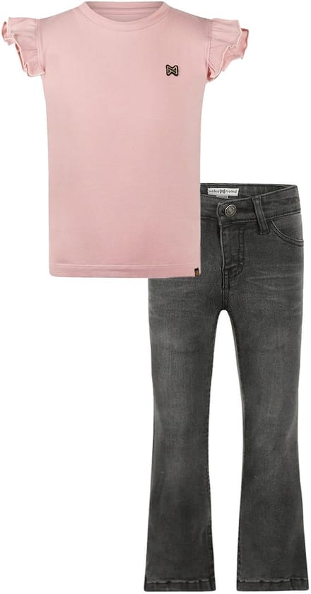 Koko Noko - Kledingset - Basic Collection - Bio Cotton - Dark grey Jeans flared - Shirt Korte mouw Dusty pink - Maat 92