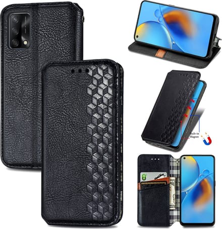 Luxe PU Lederen Ruitpatroon Wallet Case + PMMA Screenprotector voor OPPO A74 4G _ Zwart