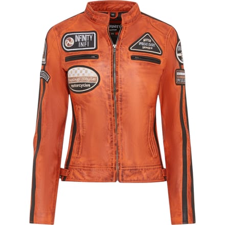 Dames oranje leren bikerjack met racebadges - Agadir