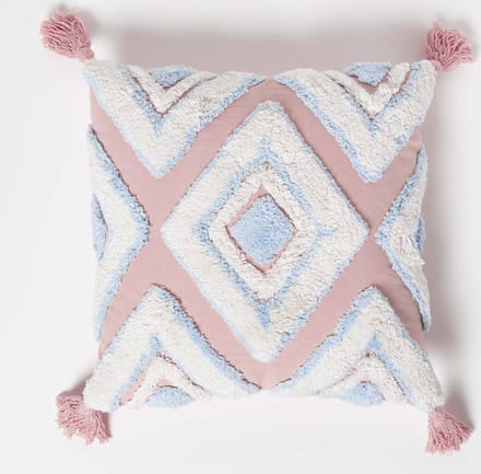 Homescapes Blauw Roze Getuft Kussen 45 x 45 cm - Boho Kussen met Kwastjes, Geometrisch