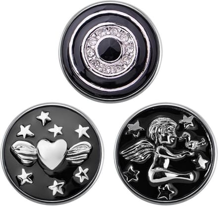Quiges - Chunk 18mm Click Button Drukknoop Set van 3 Stuks Liefde Zwart met Zirkonia & Engel - EBCMSET018
