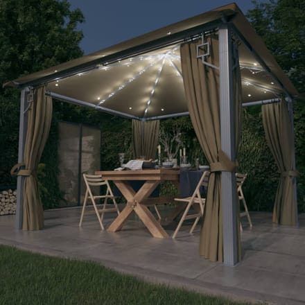 vidaXL - Prieel - met - gordijn - en - LED-lichtslinger - 3x3 - m - aluminium - taupe