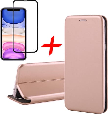 Hoesje geschikt voor iPhone 11 - book case cover Kunstleer wallet roségoud + Screenprotector glas tempered glass screen protector full screen