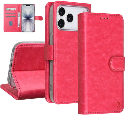 TUNIQ Book type case - iPhone 17 Pro - Hot Pink - Kaarthouder voor 3 kaarten - Magnetische sluiting
