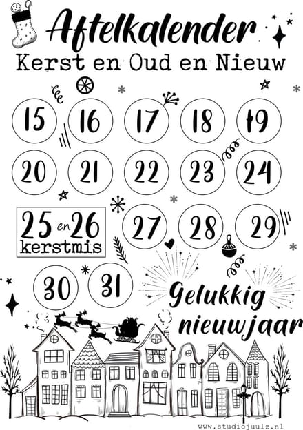 Aftelkalender Kerst en Oud & Nieuw - A4 - zwart wit - Studio Juulz