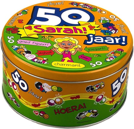Sarah 50 jaar snoeptrommel - koektrommel - 50e verjaardag - cadeau / versiering - 15x7 cm - blik