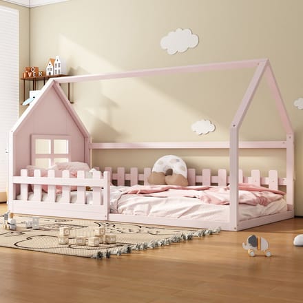Kinderbed 90x200 - Platformbed met Huishek - Hout - Roze