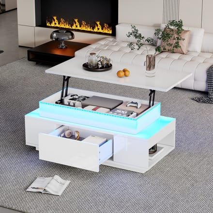 PHOEBE CAT Salontafel - Verstelbaar tafelblad - Met lade - Hoogglans - LED-verlichting - Wit