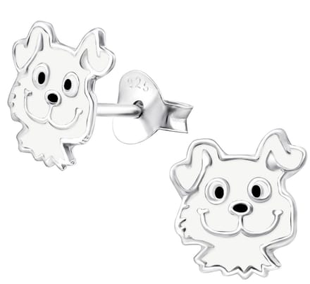 Joy|S - Zilveren hond oorbellen - 8 x 9 mm - wit - kinderoorbellen - vrolijk hondje - sterling zilver 925