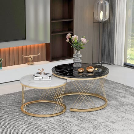 Salontafel Set - Rond (Set van 2) - Moderne Nesting Marmerlook - Luxe Frame - Metaal - Goud