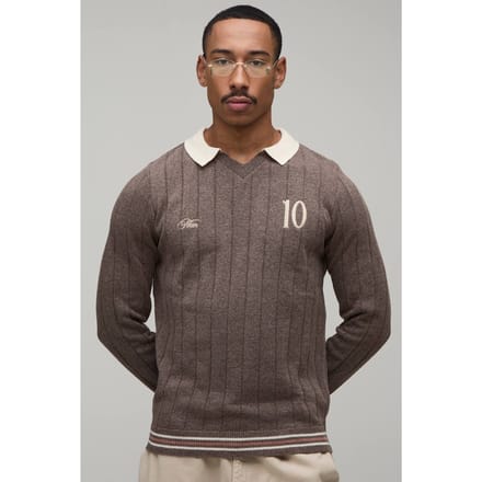 Regular Fit V Neck Ribbed Knitted Polo T-Shirt | Brown | Size Small