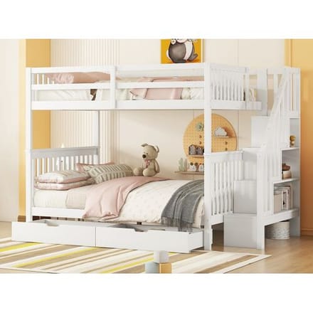 Merax Stapelbedden 2 x 140 x 200 cm voor kinderen - trapplank + 2 lades - MDF hout - Wit