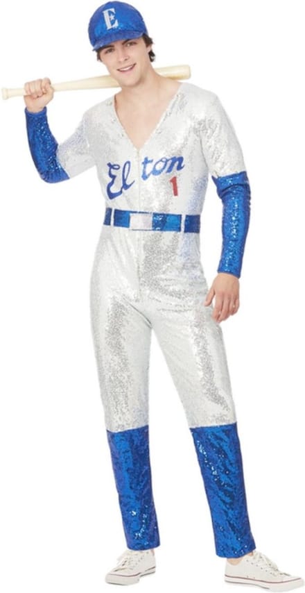 Smiffys - Elton John Deluxe Sequin Baseball Kostuum - L - Wit/Blauw