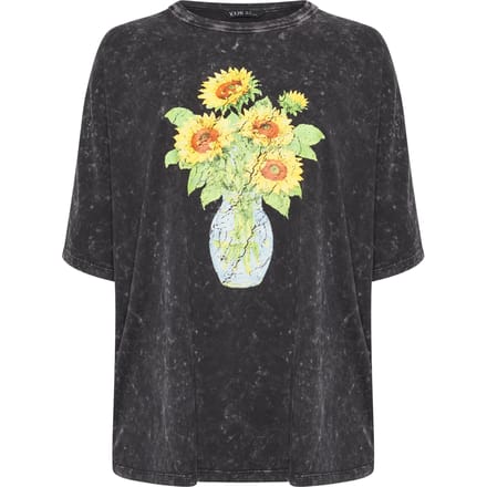 Yours Grijs Acid Wash Tshirt Met Zonnebloemprint Size 66-68