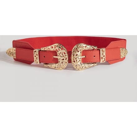 Ceinture Élastique Large à Double Boucle Creuse Sculptée Rétro pour Femme Accessoire de Mode Ceinture Polyvalente pour Marquer la Taille 115CM rouge