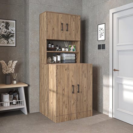Badkamer wasmachinekast met bovenkast - 70 x 180 x 69 cm - Eiken