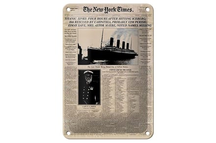 Blechschild Zeitung 12x18cm New York Times Titanic sinks