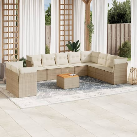 vidaXL - 11-delige - Tuinset - met - kussens - poly - rattan - beige