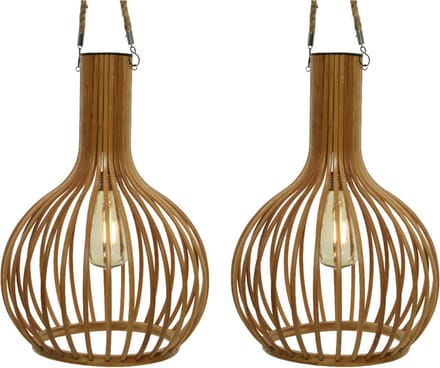 Lumineo hanglamp - 2x - bamboe - H28 cm - solar/led - tuin/buitenverlichting