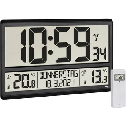 TFA Dostmann 60.4521.01 Wandklok Zendergestuurd 36 cm x 2.8 cm x 23.5 cm Zwart Groot display