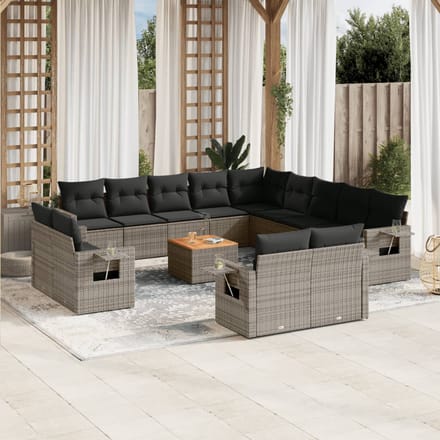 vidaXL - 14-delige - Loungeset - met - kussens - poly - rattan - grijs