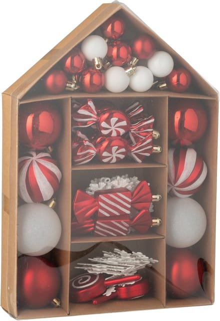 J-Line kerstbal - kunststof - rood/wit - doos van 59