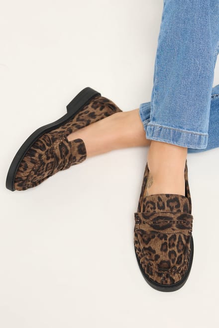 Yours Bruine Loafers Van Imitatiesuède Met Luipaardprint In Extra Brede Eeepasvormsize 39EEE