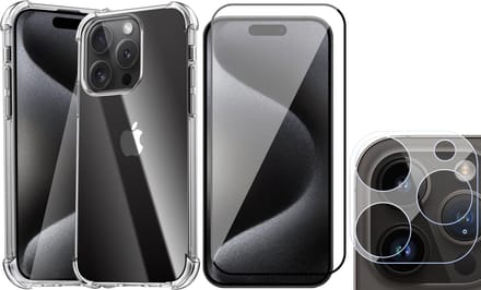 Hoesje geschikt voor iPhone 15 Pro Max - Screenprotector FullGuard & Camera Lens Screen Protector - Back Cover Case ShockGuard Transparant