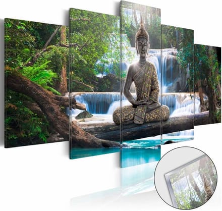 Afbeelding op acrylglas - Boeddha en de waterval, Groen/Bruin/Blauw, 5luik