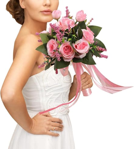 Kunstboeket Bruiloft - Witte Rozen - Feest Decoratie - Antislip Greep - 22 x 26 cm - Roze