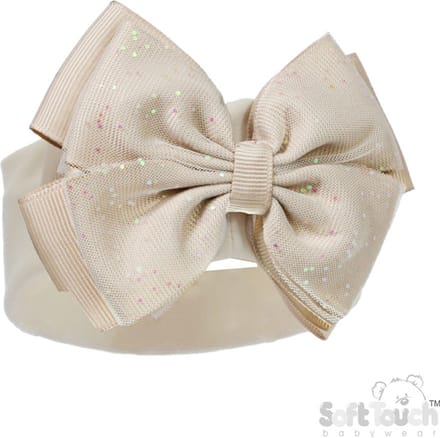 Soft Touch - Baby Haarbandje met Grote Strik Glitter - Coffee - Maat 0-3 Mnd HB92