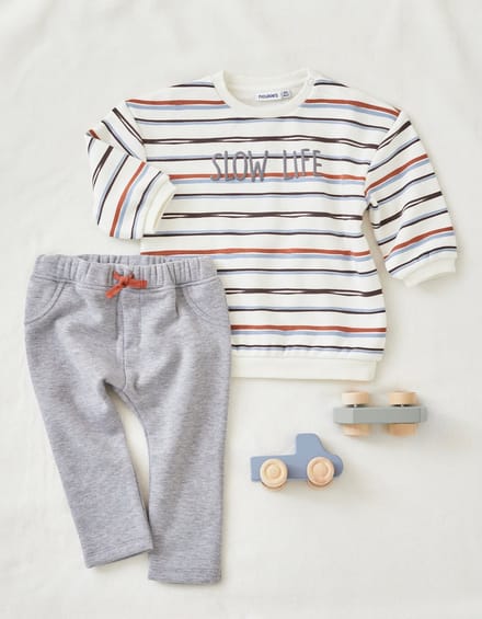 Noukie's - Set gestreepte sweatshirt + joggingbroek - ecru/grijs - 1 jaar 80