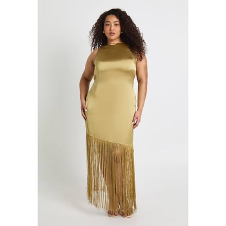 boohoo Dames Plus Cowl Rug Satijn Kwast Jurk | Olive | Maat: 16