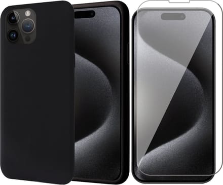 Hoesje geschikt voor iPhone 15 Pro - Screen Protector GlassGuard - Back Cover Case SoftTouch Zwart & Screenprotector