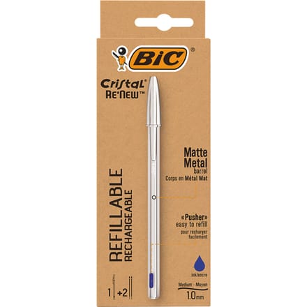 Balpen Bic Cristal Re-new medium zilver + 2 vullingen blauw