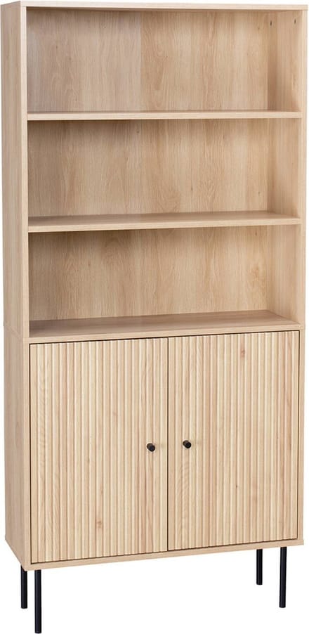 sweeek - Boekenkast met 2 deurtjes en planken gegroefd houtdecor 80cm - braga