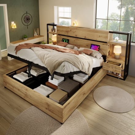 MODFU Tweepersoonsbed met Opbergruimte en Laadstation – 180x200 cm – Industrieel Design – 3 USB & USB-C – Eiken