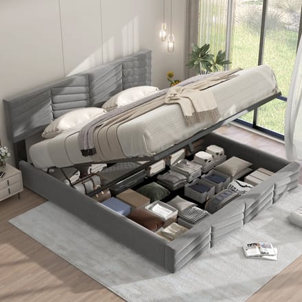Gestoffeerd Bed - 160x200 cm - Hydraulisch met Strepen - Verstelbaar Hoofdbord - Fluweel - Grijs