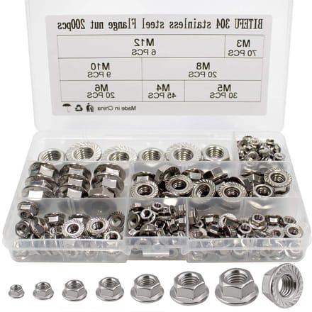 Complete Set van 200 Rvs Flensmoeren M3 tot M12 met Lock Teeth, Zelfsluitende Moeren en Assortiment voor Diverse Toepassingen
