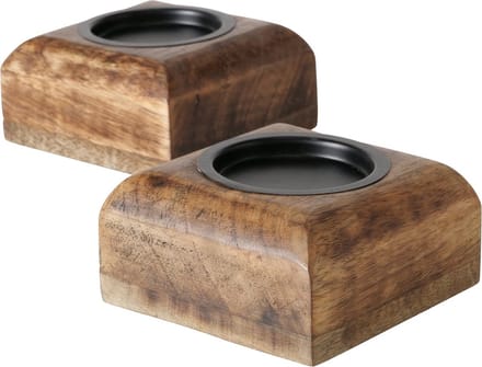 Kandelaar - 2 set - 10x10x5cm - Blok - industrieel - 1 stomp kaars - Mango - Bruin