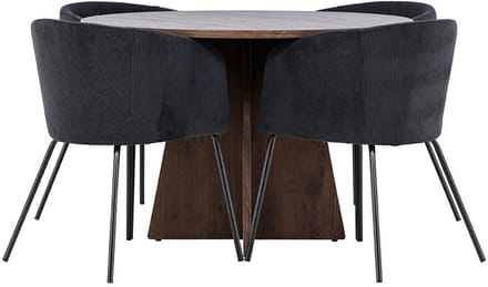 Bootcut eethoek tafel Ø110cm en 4 fluwelen stoelen met armleuningen mocca.
