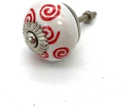 Porseleinen Knop Wit met rode spiralen 40mm handgeschilderd