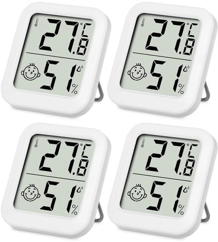 Mini Thermo-Hygrometer - Digitale Binnenkamer Thermometer met Luchtvochtigheidsmeter en Smiley Indicator - Set van 4