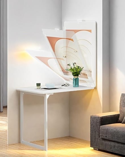 Opvouwbare Wandtafel - Klaptafel Balkon - Ruimtebesparend Werken - Met Decoratief Paneel - 90x60cm - Wit
