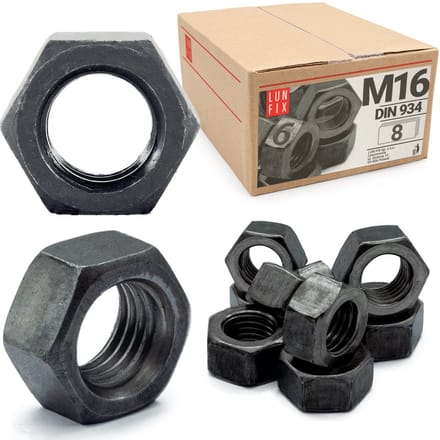 LUN FIX - Zeskantmoer M16 DIN 934 klasse 6 zwart - 8 Stuks