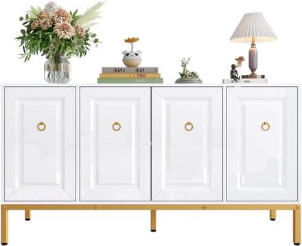Sideboard - Hoogglans - Gouden Handgrepen en Poten - Met Planken - 140 x 80 x 40 cm - Wit