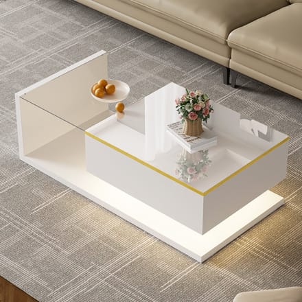 Salontafel - 100 cm - Glasplaat en LED Effect - Hoogglans Modern Design - Glas en MDF - Wit