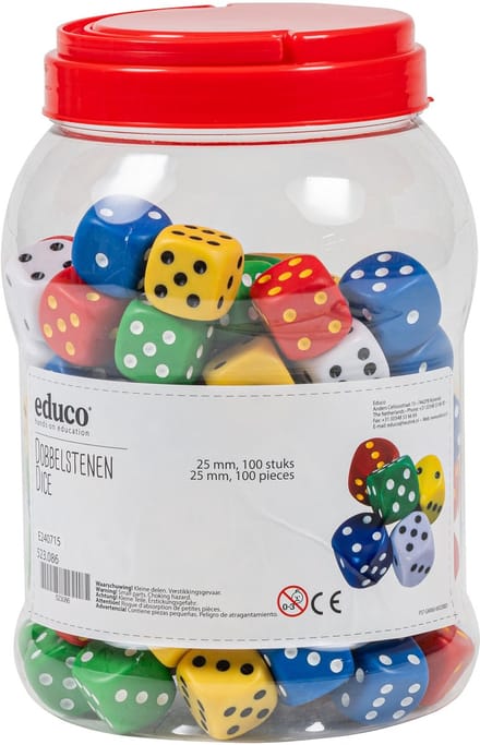 Dobbelstenen 25mm kleuren assorti | pot à 100 stuks | Educo